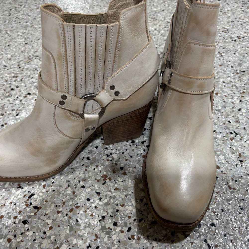 Cream Leather Ankle Boots with Strap Detail